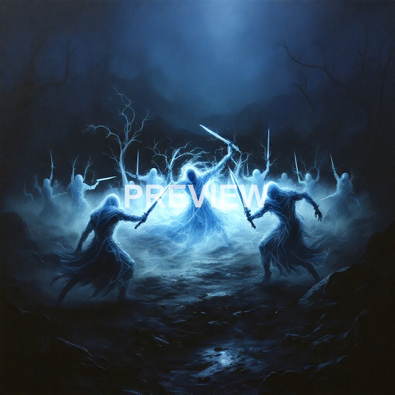 A digital painting depicting ghostly, hooded figures wielding swords, engaged in a battle in a misty, dark forest with barren trees.